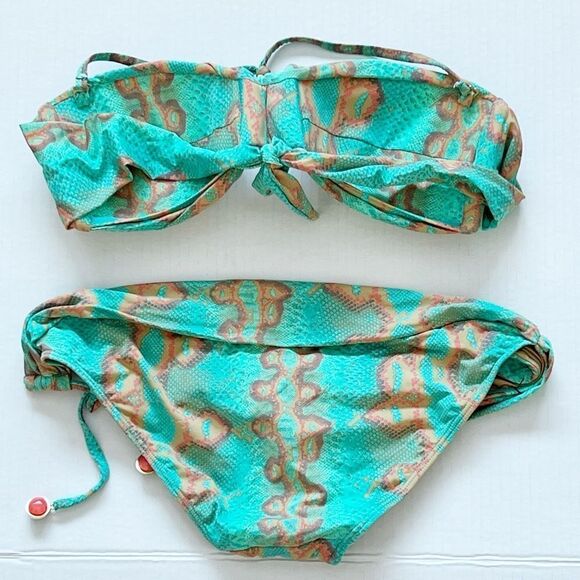 Despi Brazillian Reptilian Print Bandeau top with side tie bikini bottoms Sz S - Picture 2 of 5